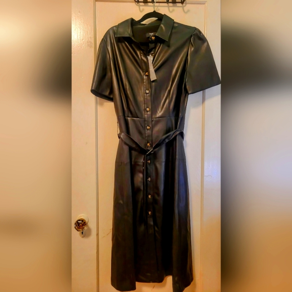 TAHARI BLACK VEGAN LEATHER DRESS NWT!